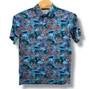 SCALES Men's Gator Print Short Sleeve Golf Polo Blue Alligator Palm Trees Medium